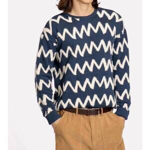 NEW FAR AFIELD drop shoulder knit zig sweater in navy blue
